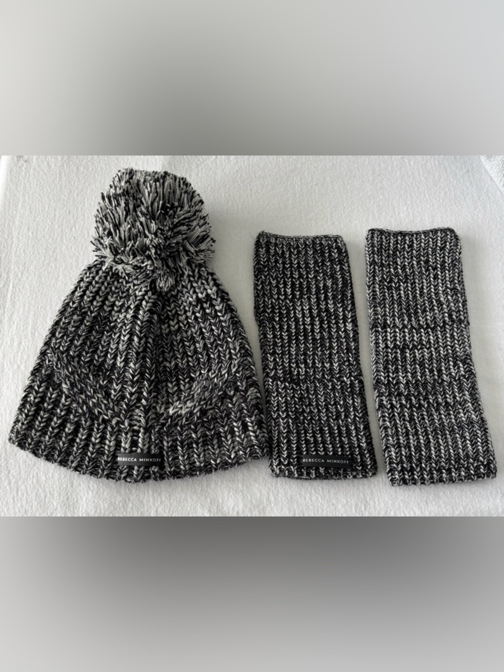 Rebecca Minkoff Marled Black White & Grey Pom Beanie with Matching Arm Warmers